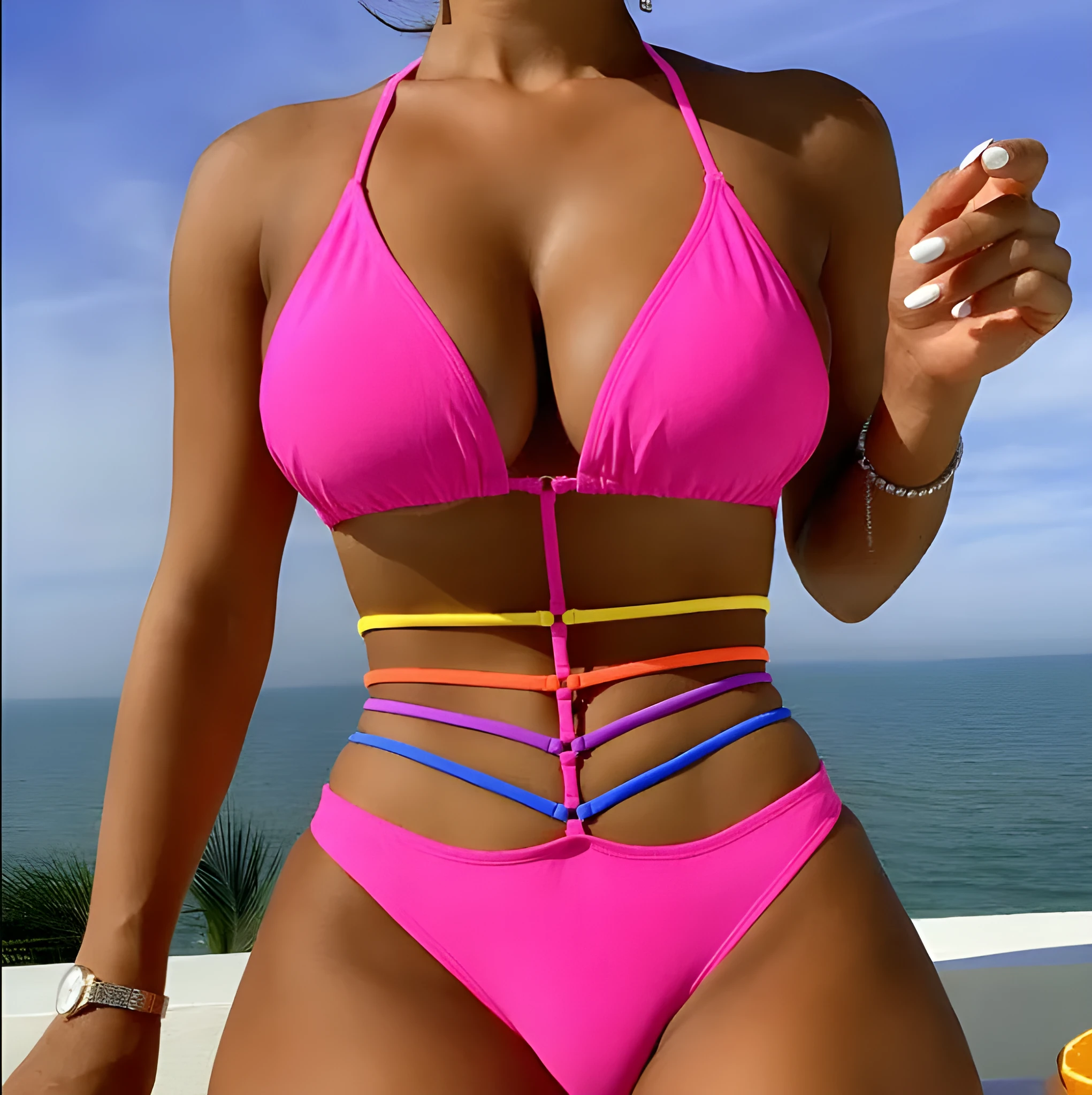 Rose red striped women's bikini bottoms with a removable chest pad on a mannequin.