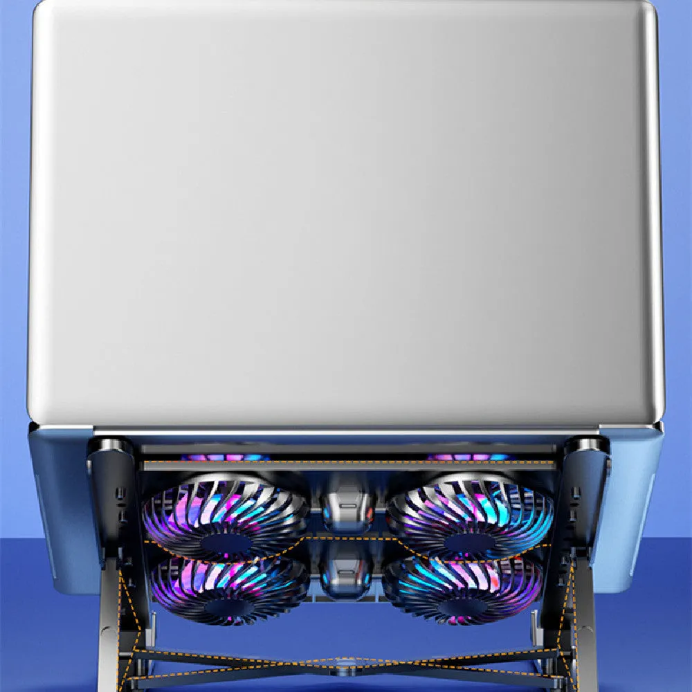 Black folding laptop cooling fan stand with dual fans on a desk