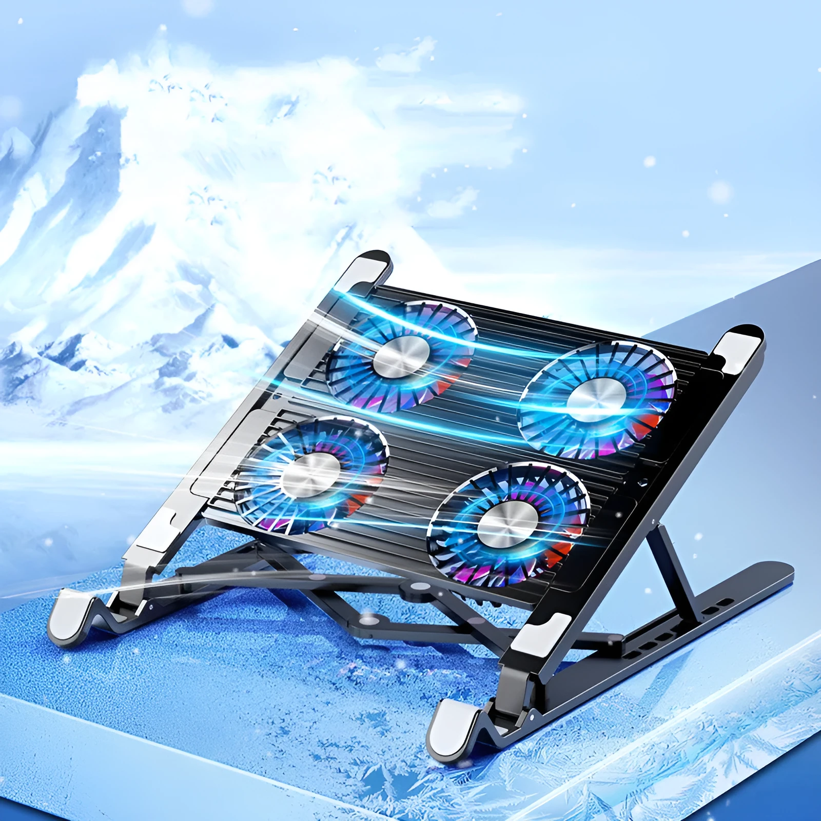 Black folding laptop cooling fan stand with dual fans on a desk