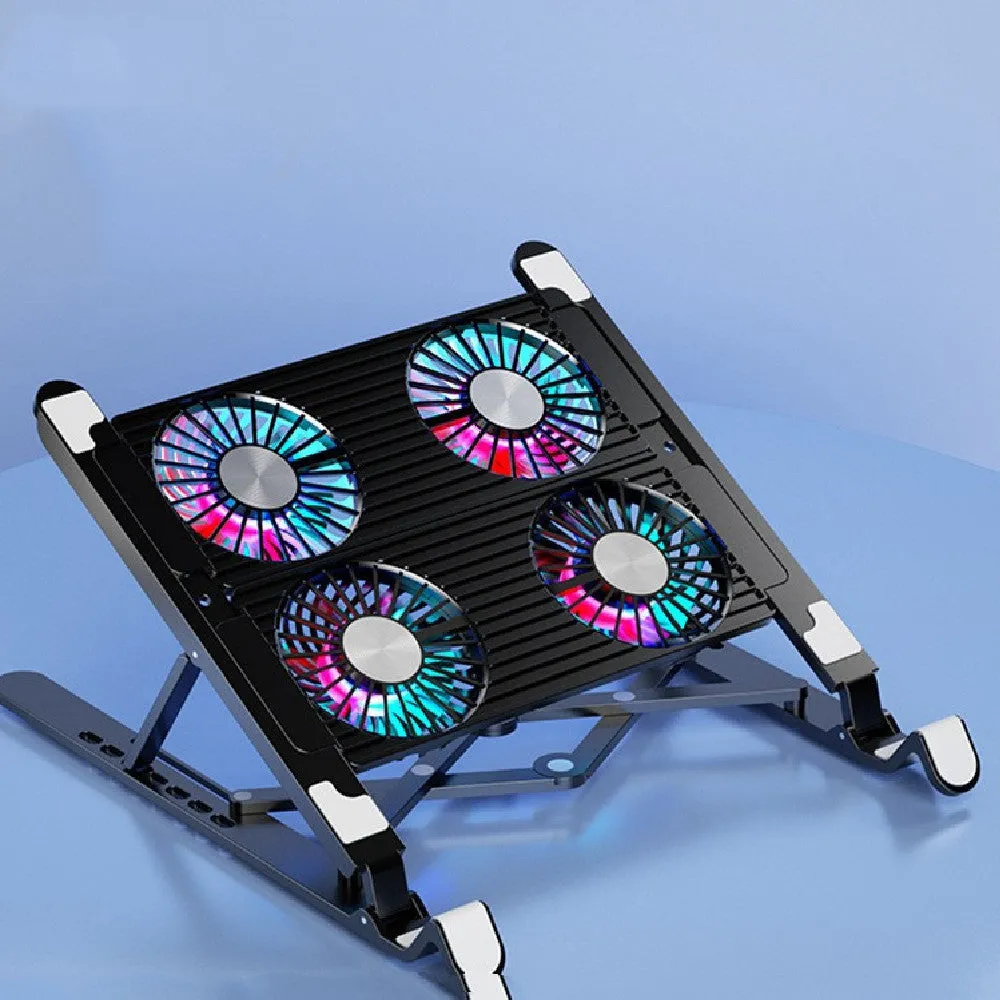 Black folding laptop cooling fan stand with dual fans on a desk