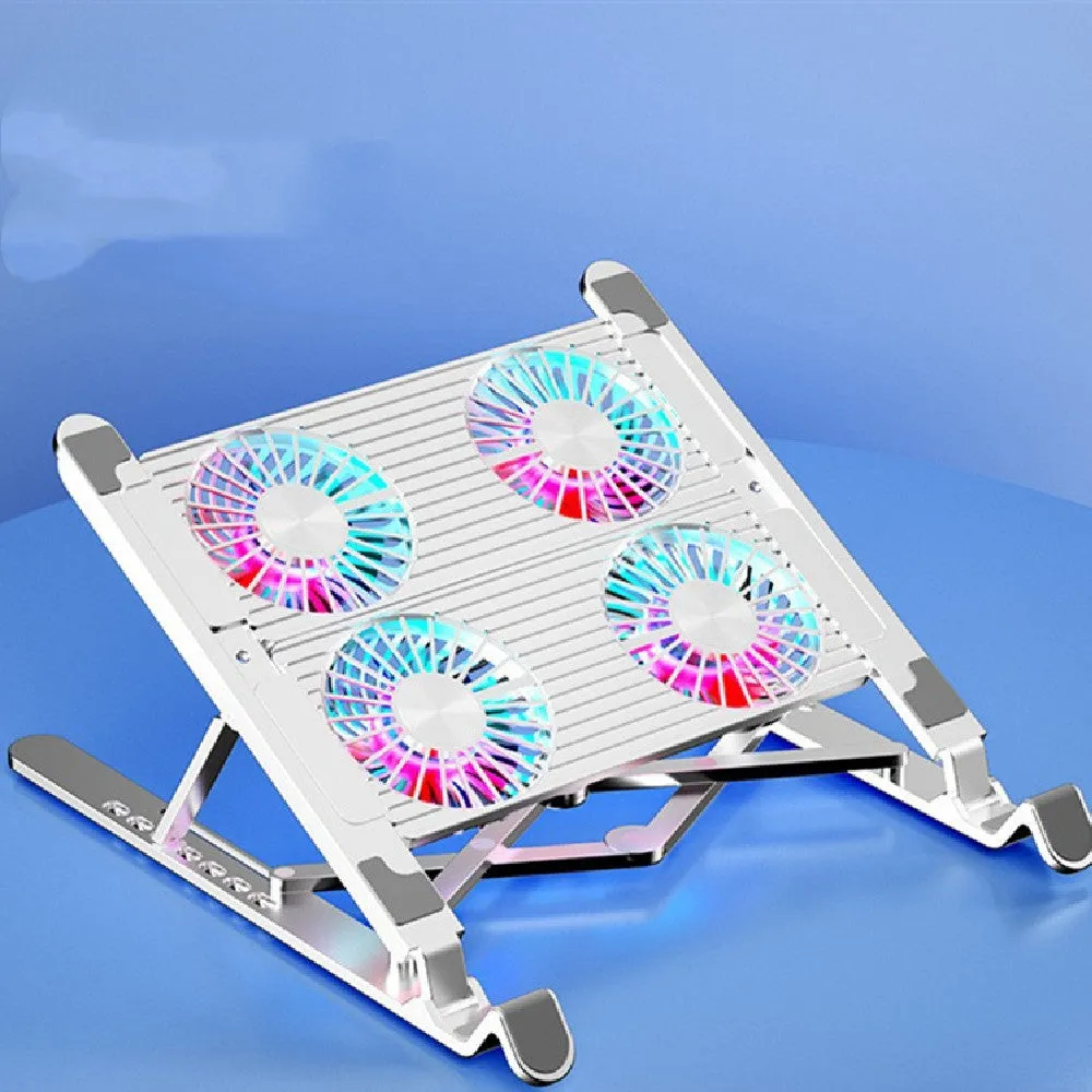 Black folding laptop cooling fan stand with dual fans on a desk