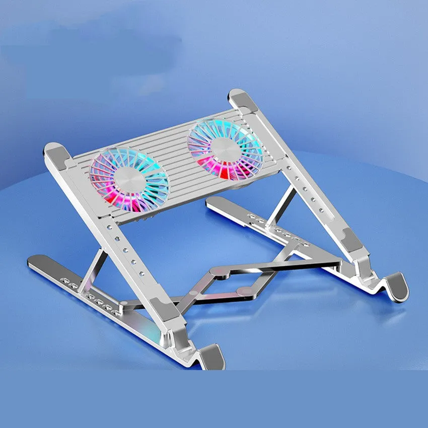 Black folding laptop cooling fan stand with dual fans on a desk