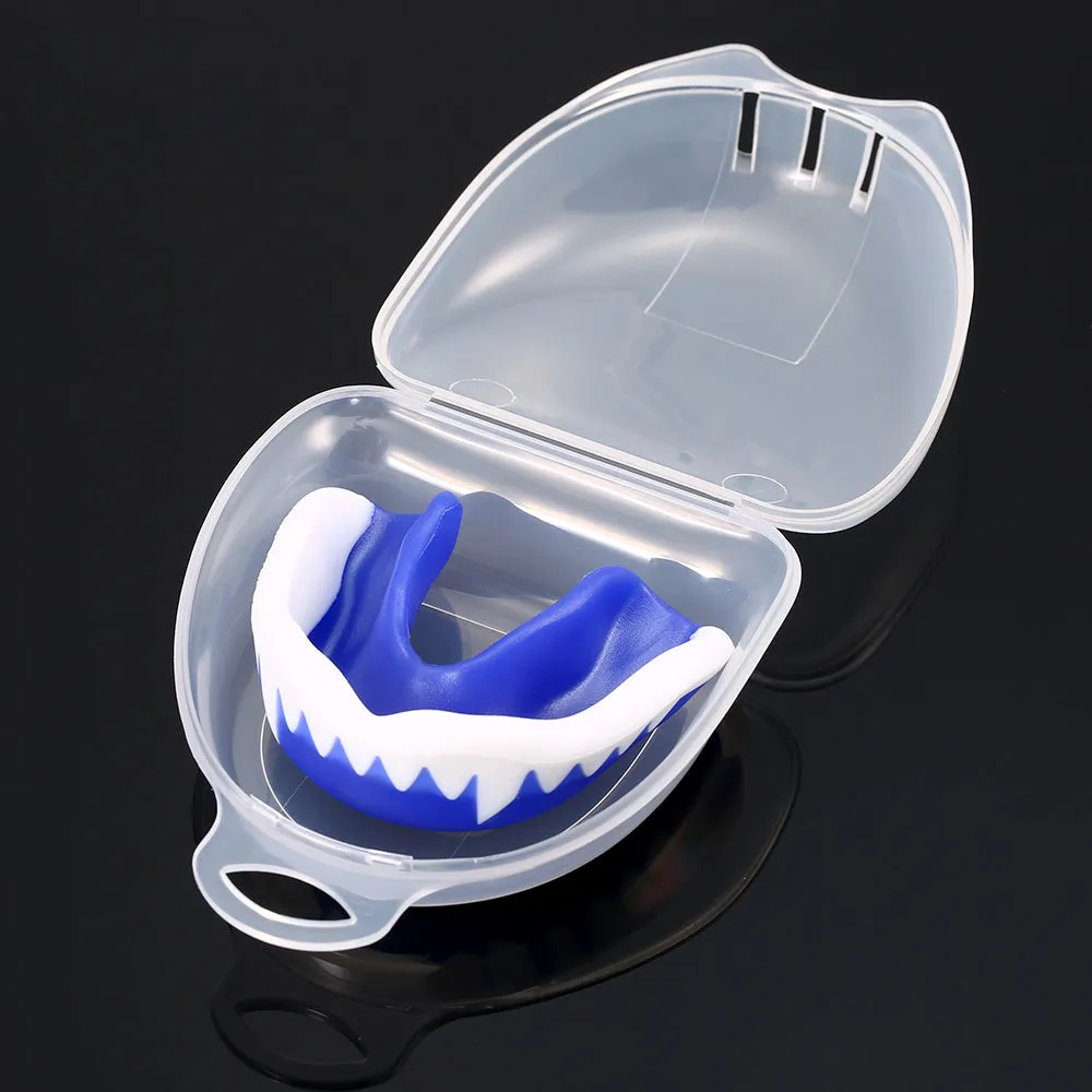 Adult boxing mouthguard with box, food grade EVA mouldable teeth guard in black, red, blue, green, white, 6.5 x 4.6cm