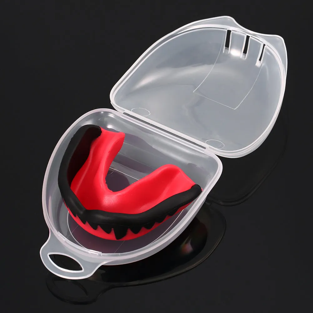 Adult boxing mouthguard with box, food grade EVA mouldable teeth guard in black, red, blue, green, white, 6.5 x 4.6cm