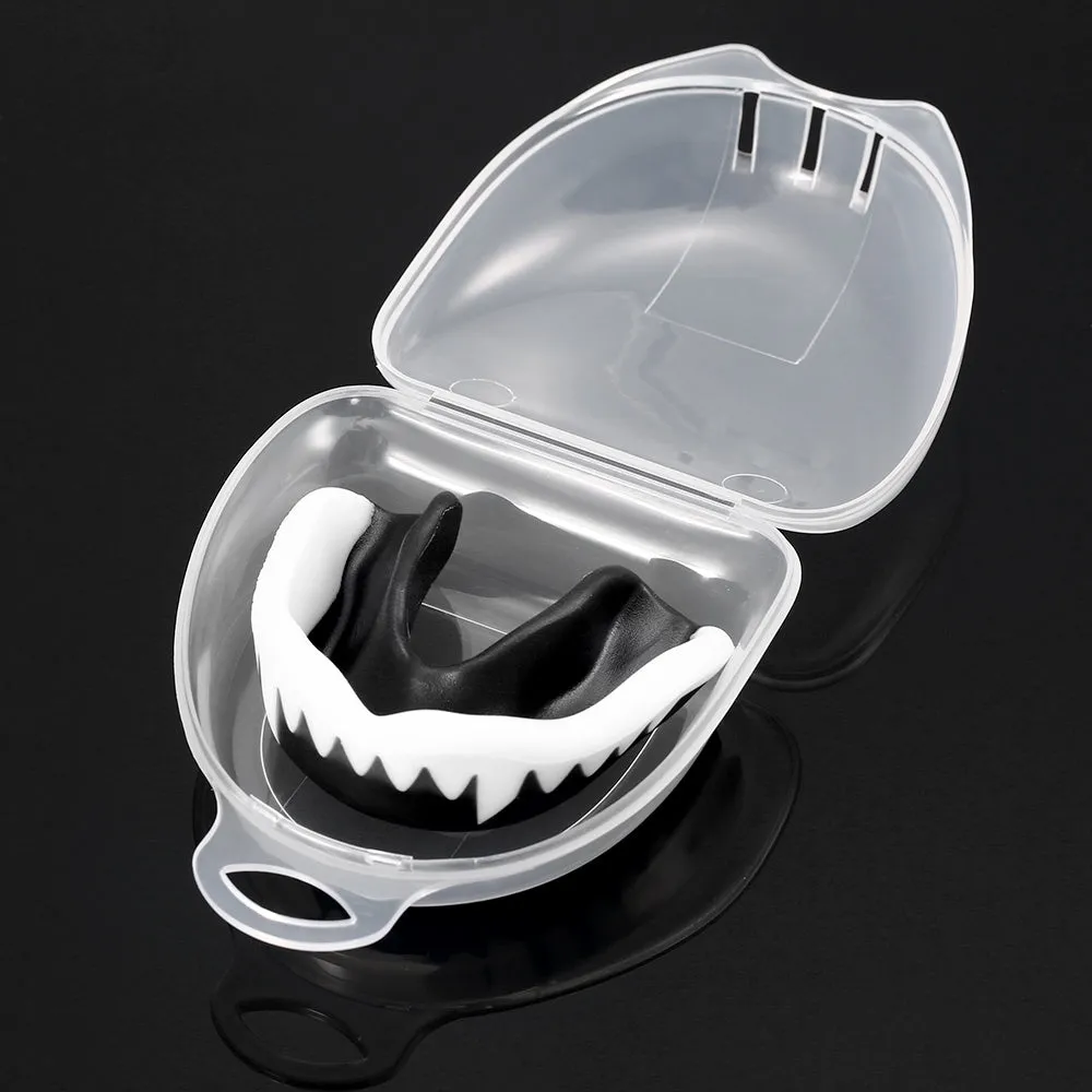Adult boxing mouthguard with box, food grade EVA mouldable teeth guard in black, red, blue, green, white, 6.5 x 4.6cm