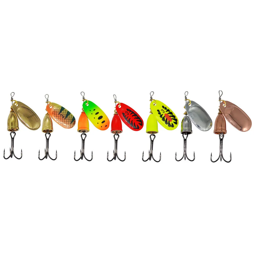 R-shaped metal fishing lure with rotating sequins and copper bell in gold, silver, red, yellow, and green colour variations