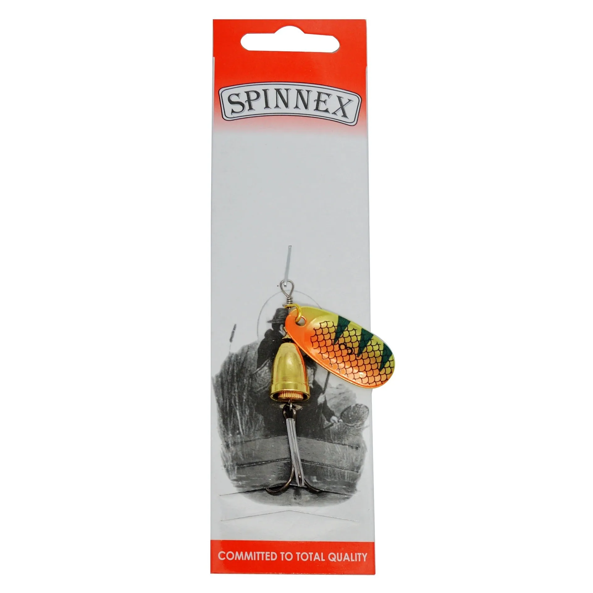 R-shaped metal fishing lure with rotating sequins and copper bell in gold, silver, red, yellow, and green colour variations