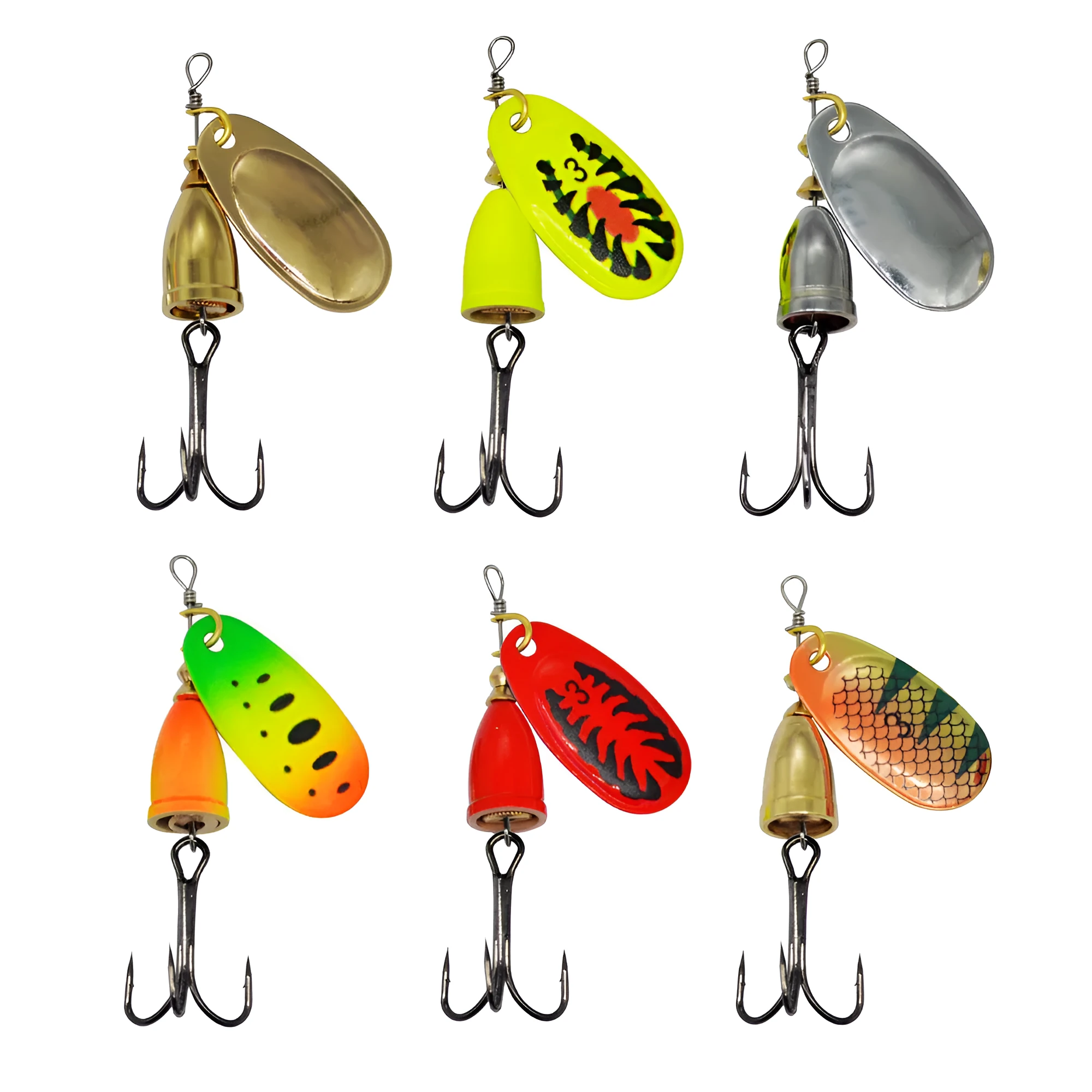 R-shaped metal fishing lure with rotating sequins and copper bell in gold, silver, red, yellow, and green colour variations