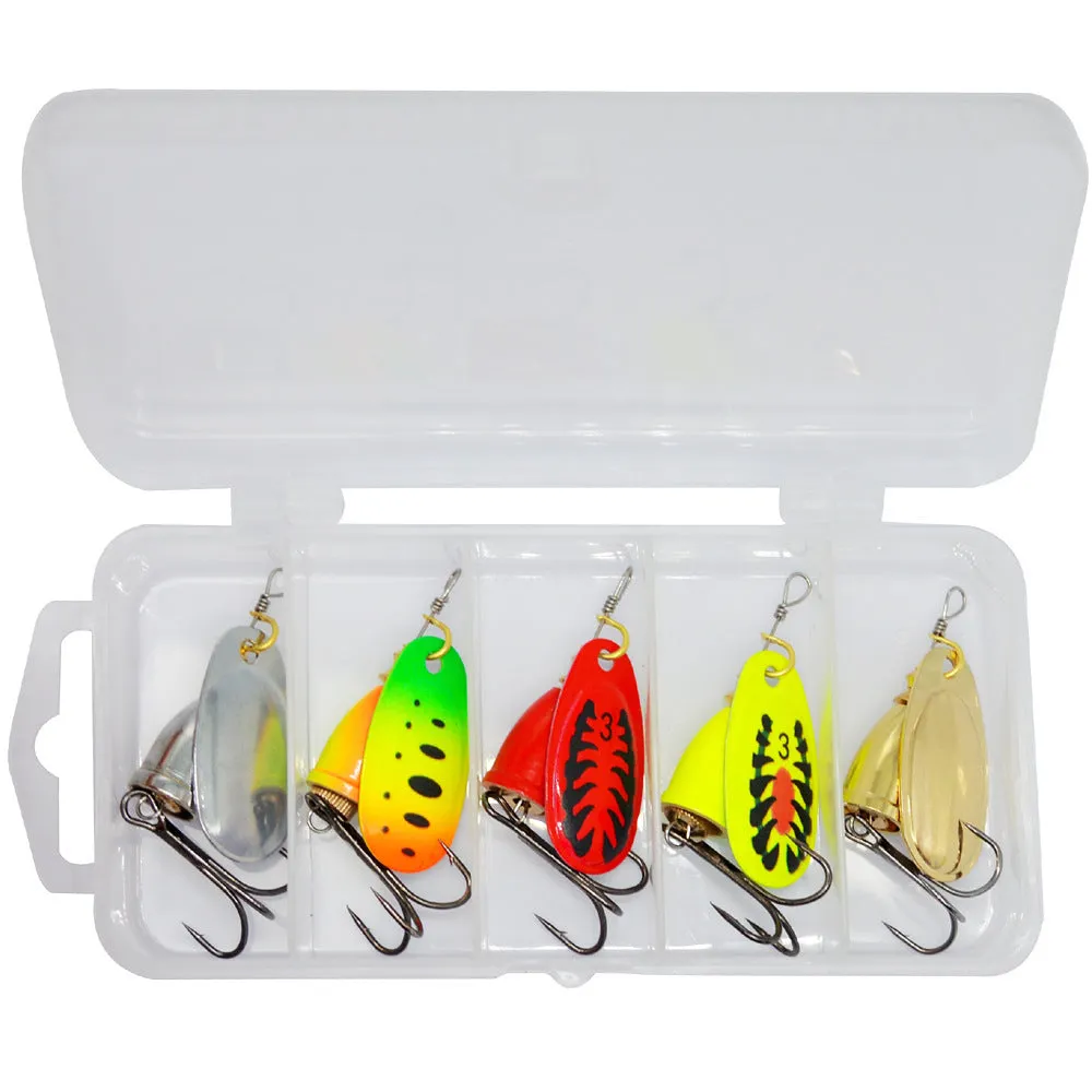 R-shaped metal fishing lure with rotating sequins and copper bell in gold, silver, red, yellow, and green colour variations