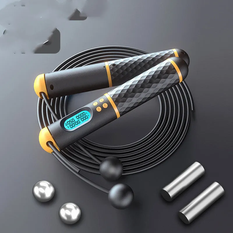 Intelligent counting skipping rope with ABS handle and weight-bearing balls on black yellow background