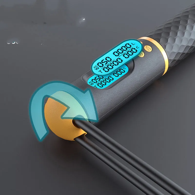 Intelligent counting skipping rope with ABS handle and weight-bearing balls on black yellow background