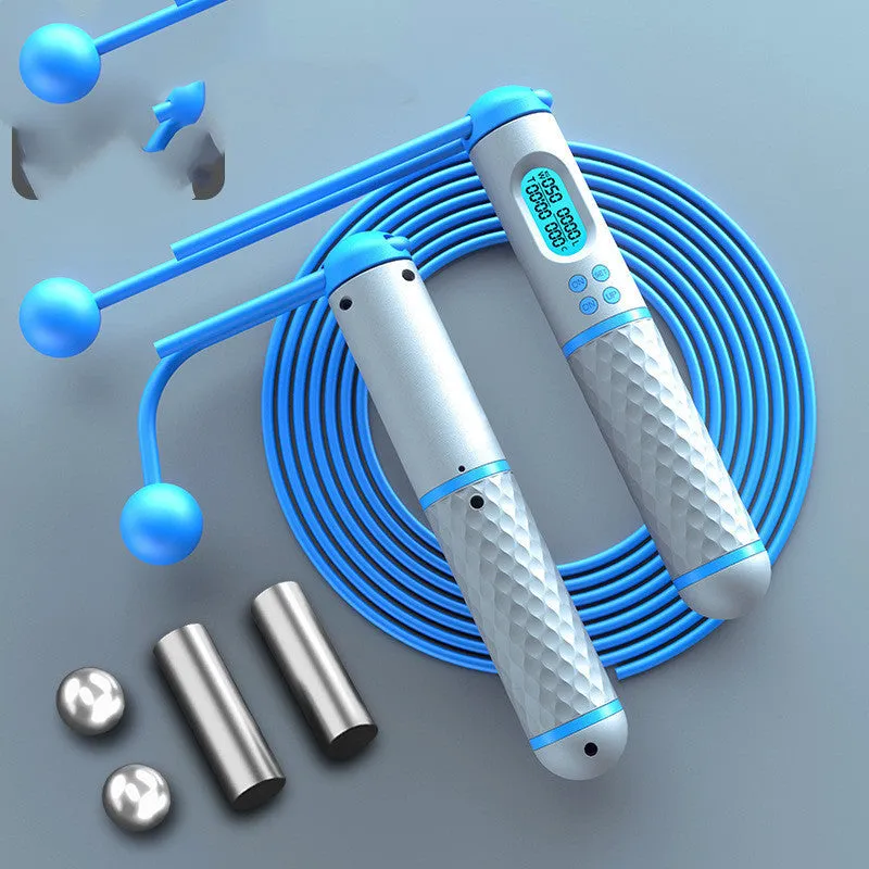 Intelligent counting skipping rope with ABS handle and weight-bearing balls on black yellow background