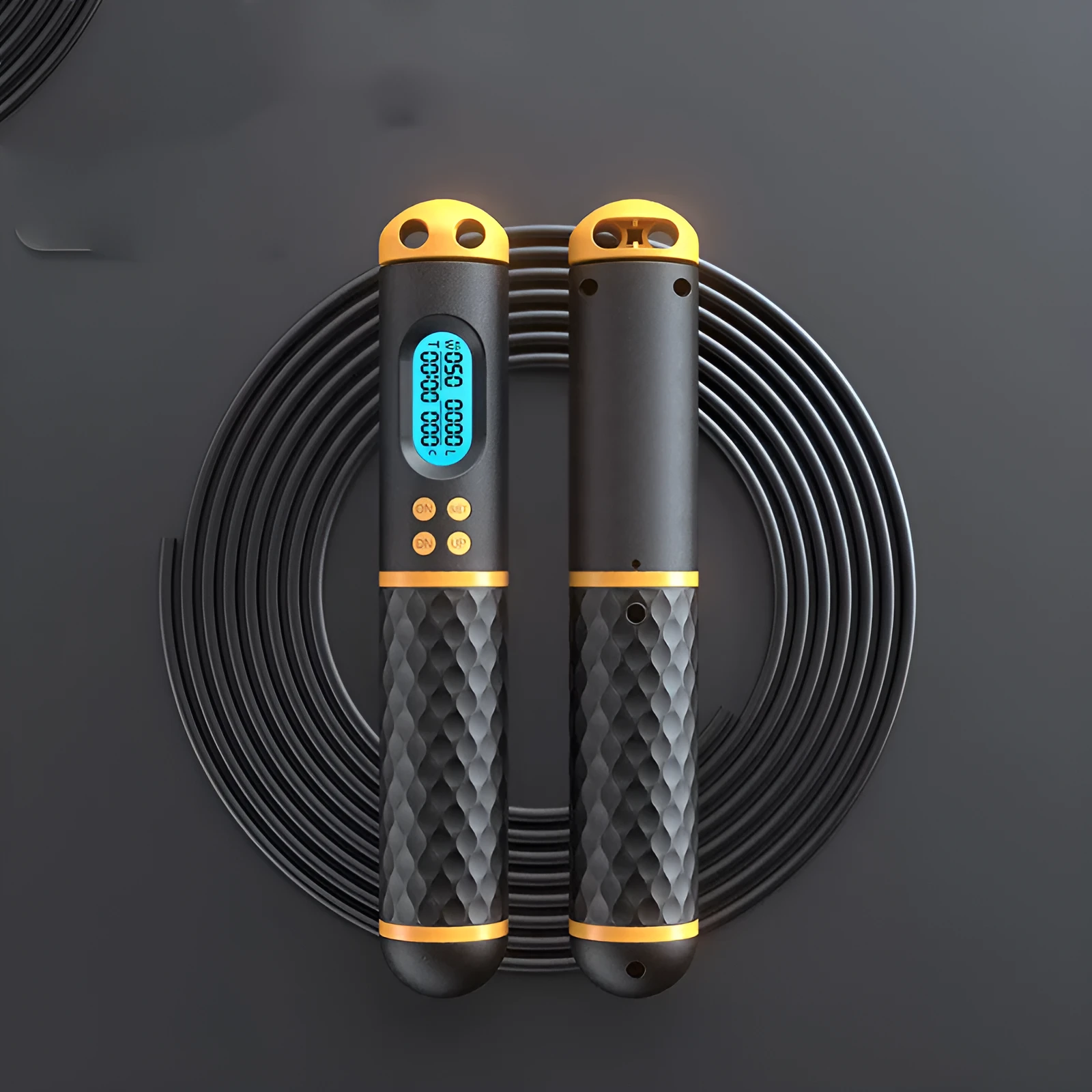 Intelligent counting skipping rope with ABS handle and weight-bearing balls on black yellow background