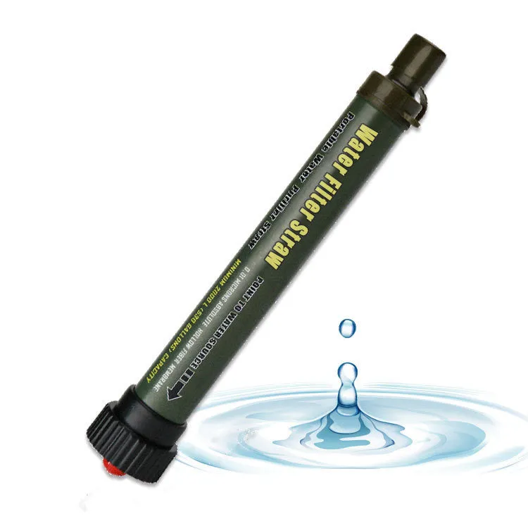 Blue outdoor water purification straw with polyiodic resin sterilisation for safe drinking from natural sources