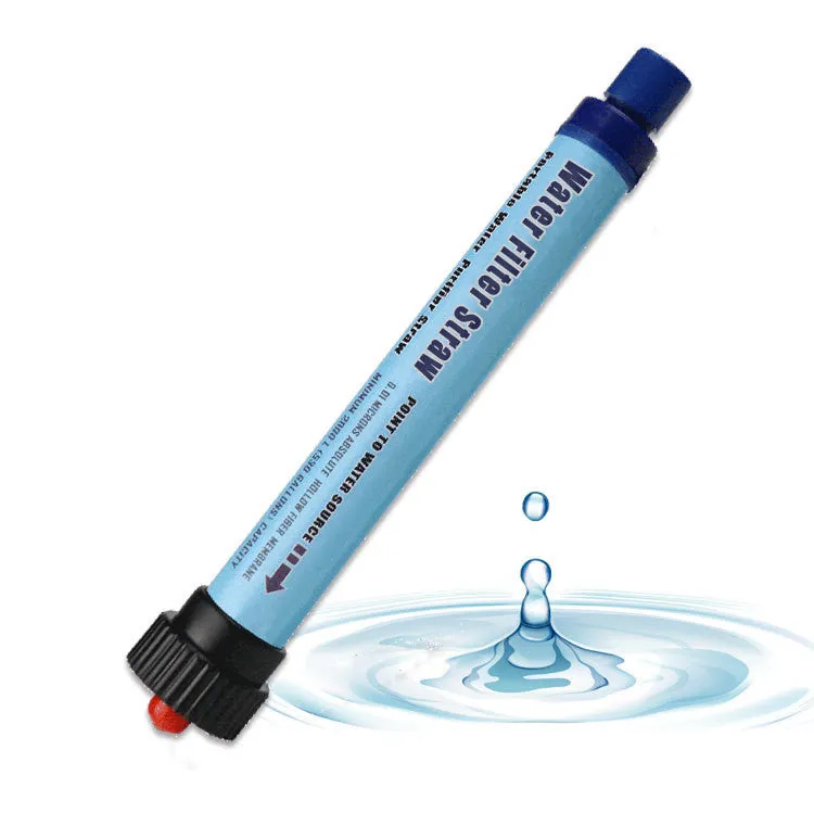 Blue outdoor water purification straw with polyiodic resin sterilisation for safe drinking from natural sources