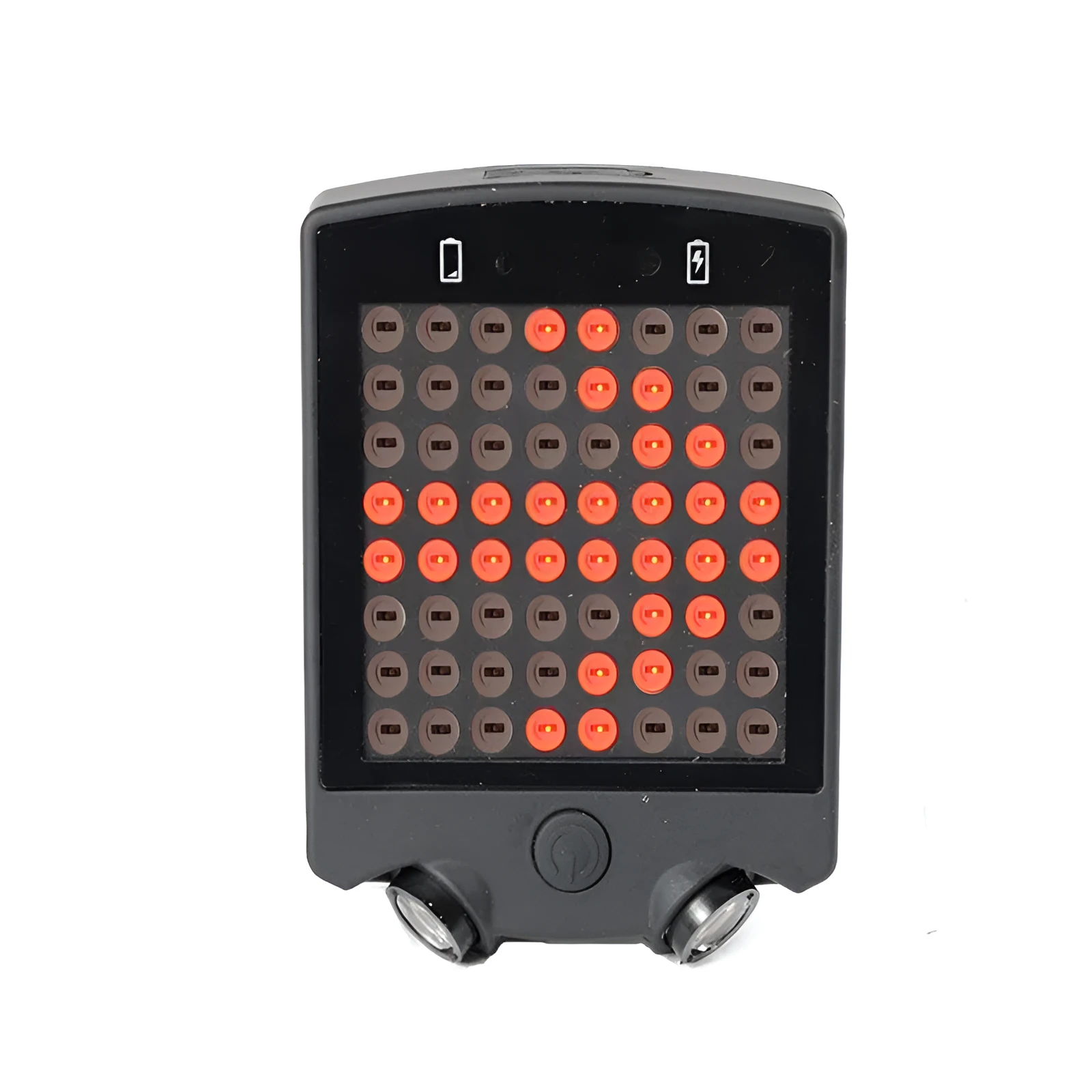 Black LED bicycle turn signal unit with dot matrix display and laser line, wireless remote control, on a bicycle seatpost