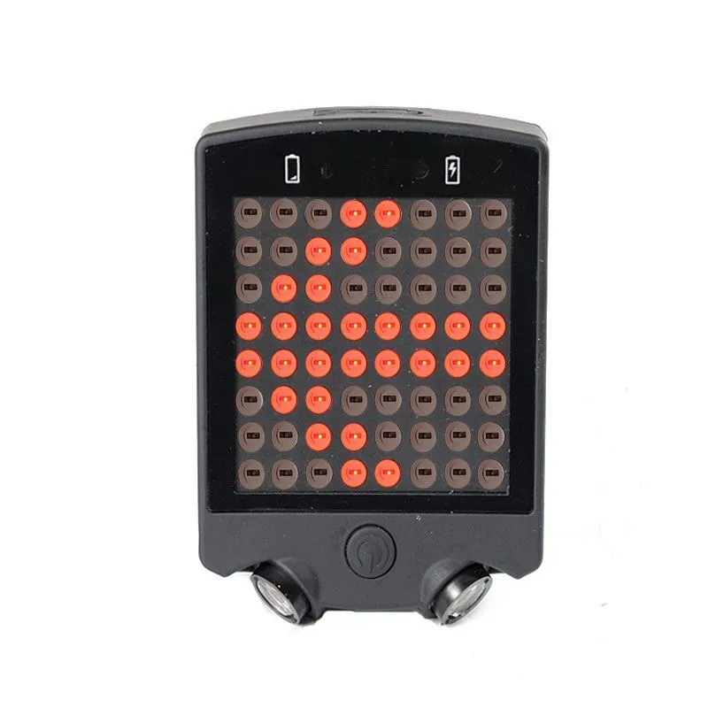 Black LED bicycle turn signal unit with dot matrix display and laser line, wireless remote control, on a bicycle seatpost
