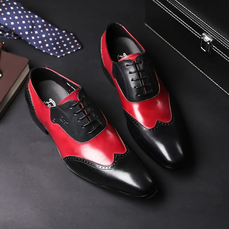 Men's genuine leather formal oxford shoes in red and black with cowhide upper and rubber sole low top design