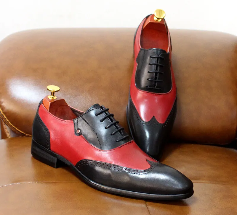 Men's genuine leather formal oxford shoes in red and black with cowhide upper and rubber sole low top design