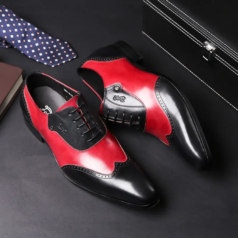 Men's genuine leather formal oxford shoes in red and black with cowhide upper and rubber sole low top design