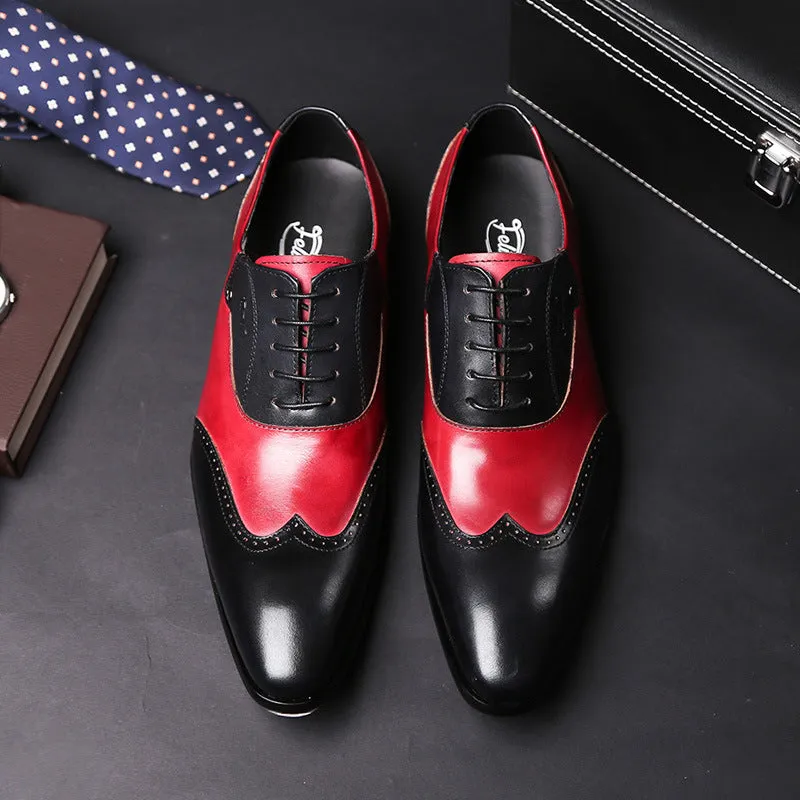 Men's genuine leather formal oxford shoes in red and black with cowhide upper and rubber sole low top design