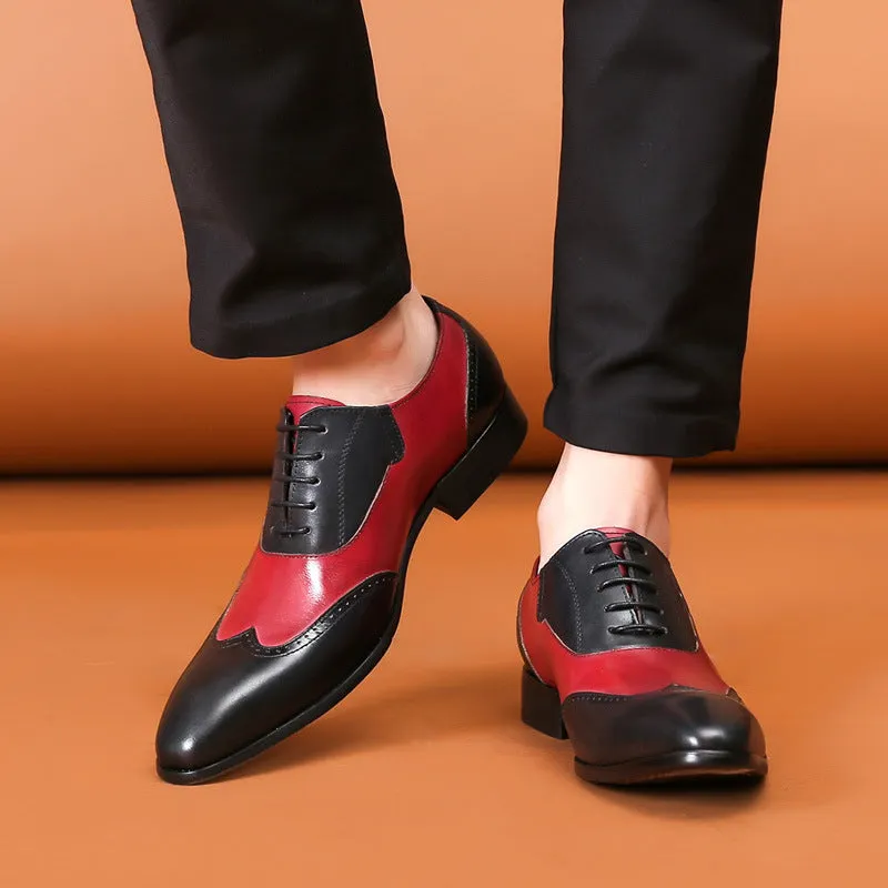 Men's genuine leather formal oxford shoes in red and black with cowhide upper and rubber sole low top design
