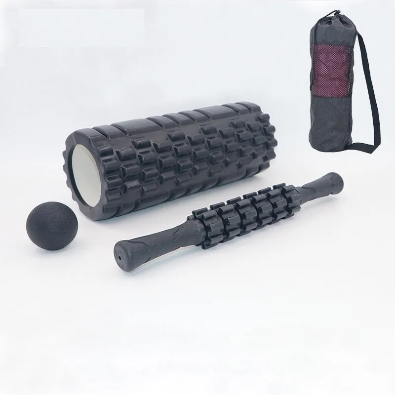 Black six-piece foam roller with gear pattern measuring 33cm long for muscle massage
