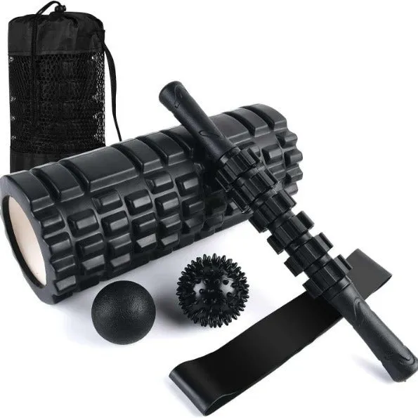Black six-piece foam roller with gear pattern measuring 33cm long for muscle massage