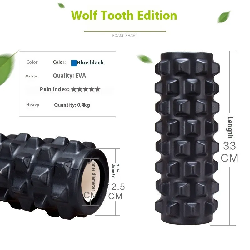Black six-piece foam roller with gear pattern measuring 33cm long for muscle massage