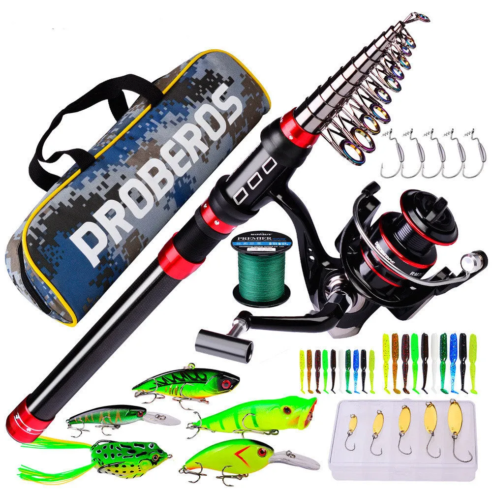Long cast fishing rod and reel combo set with PE line, assorted soft baits, hard lures and storage bag in red