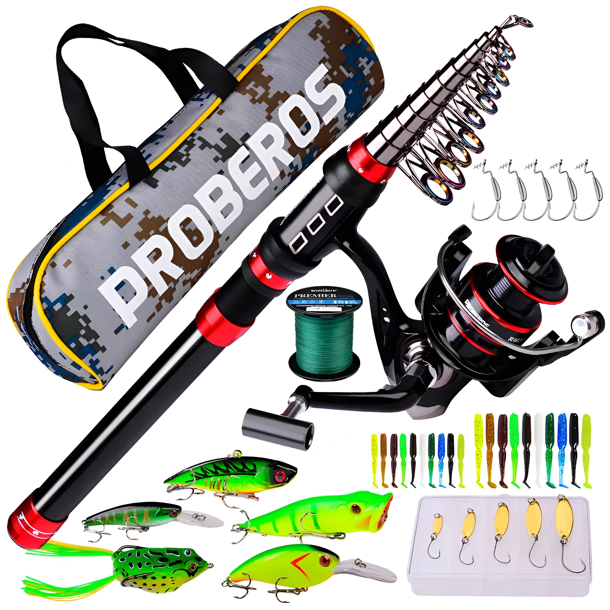 Long cast fishing rod and reel combo set with PE line, assorted soft baits, hard lures and storage bag in red