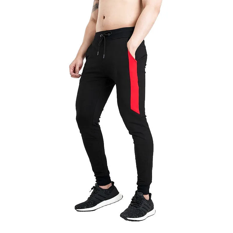 Men's cotton blended fitness running training pants in black yellow colour, slim fit with stretch waist