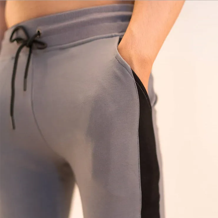 Men's cotton blended fitness running training pants in black yellow colour, slim fit with stretch waist