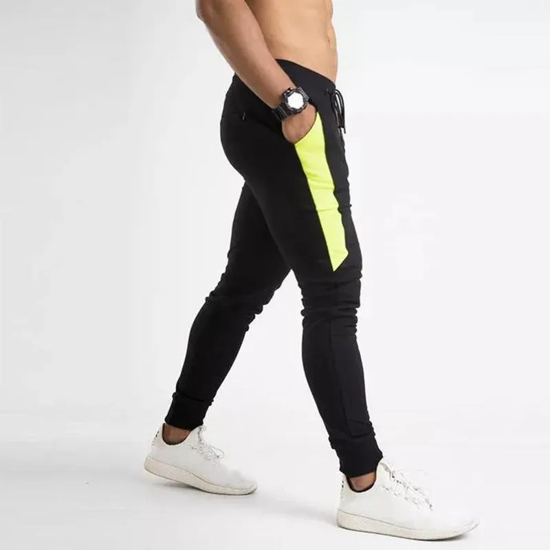 Men's cotton blended fitness running training pants in black yellow colour, slim fit with stretch waist