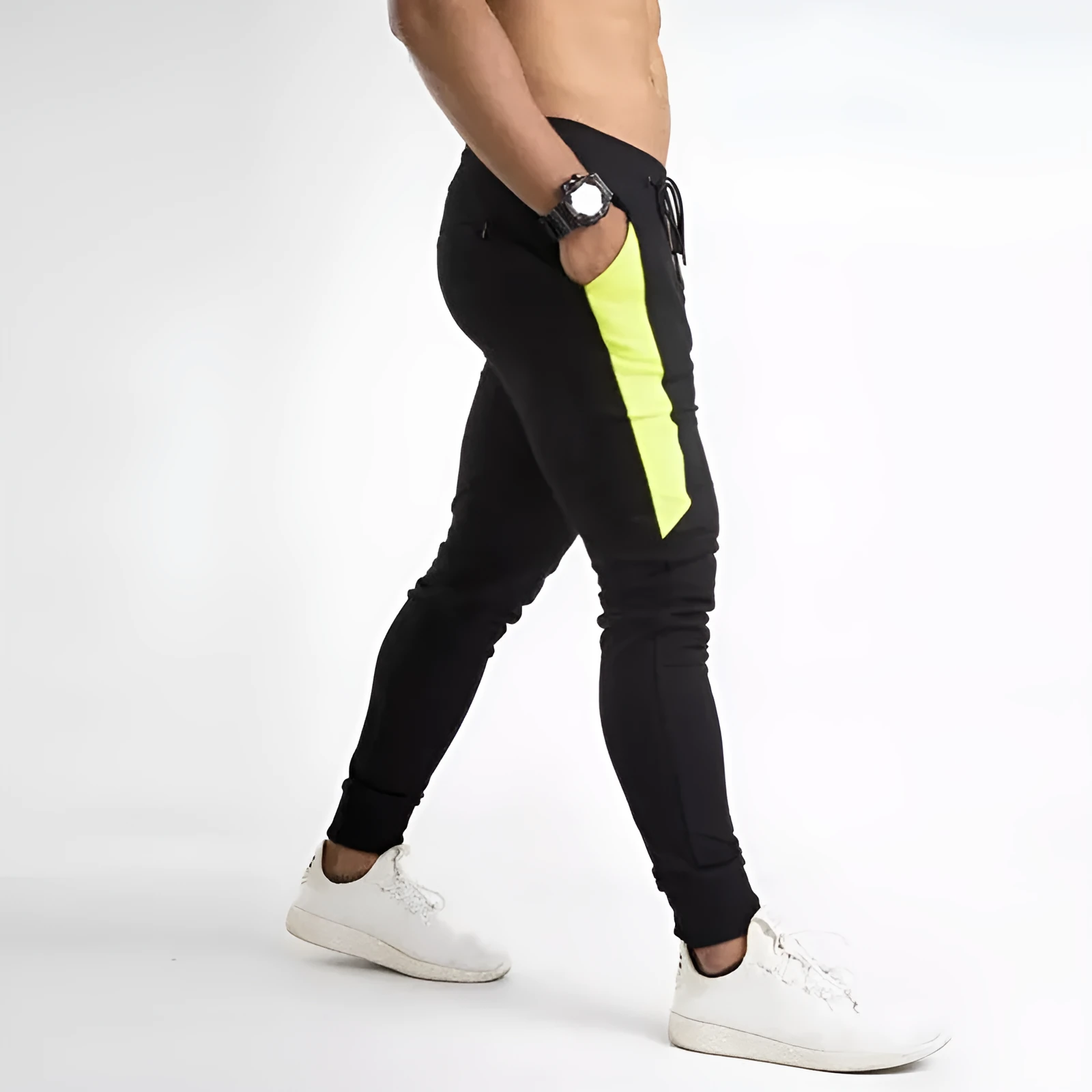 Men's cotton blended fitness running training pants in black yellow colour, slim fit with stretch waist