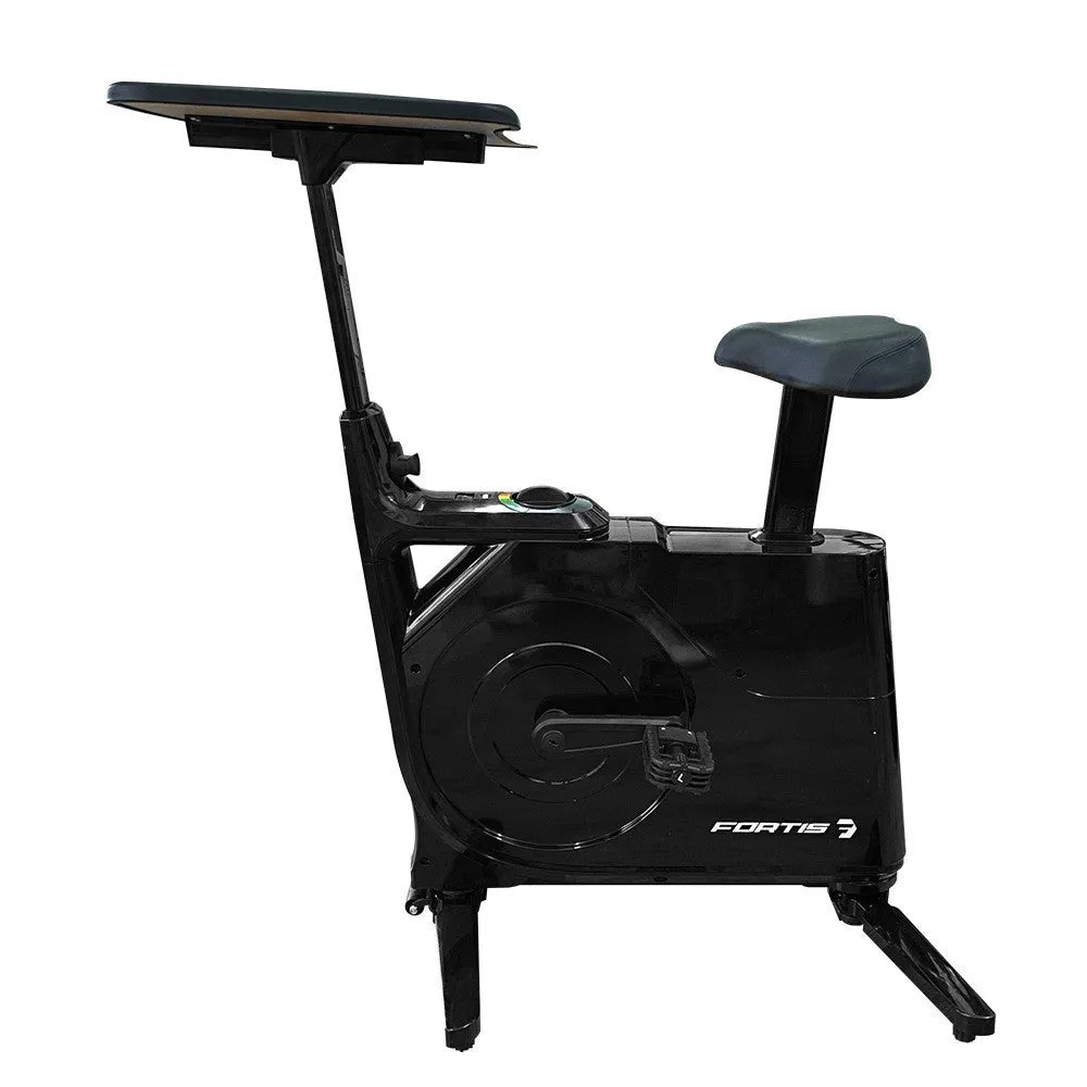 Black upright exercise bike with magnetic resistance and built-in table for home fitness