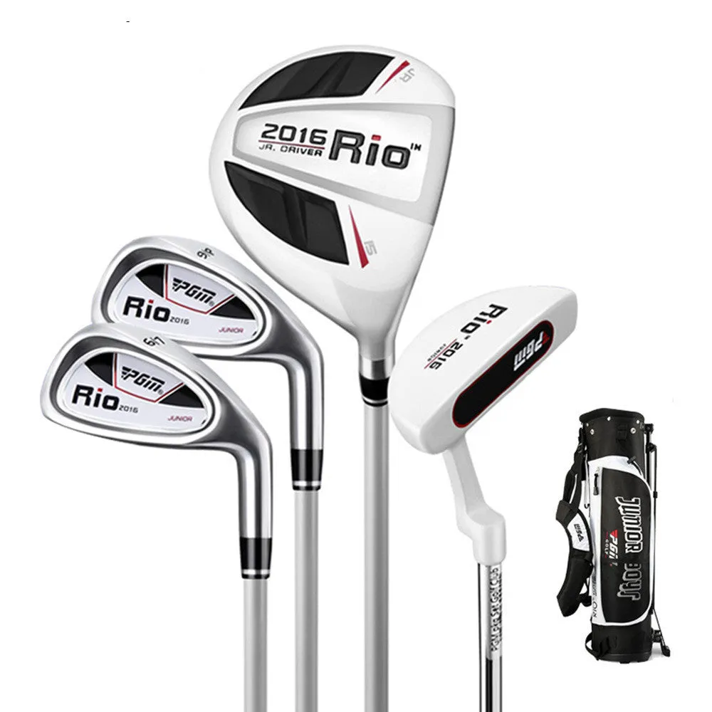 Children's golf club set with forged aluminium wood, carbon shafts, ball bag, tee, black and white finish