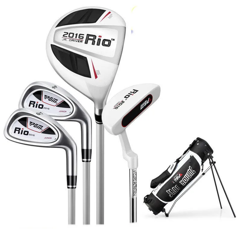 Children's golf club set with forged aluminium wood, carbon shafts, ball bag, tee, black and white finish