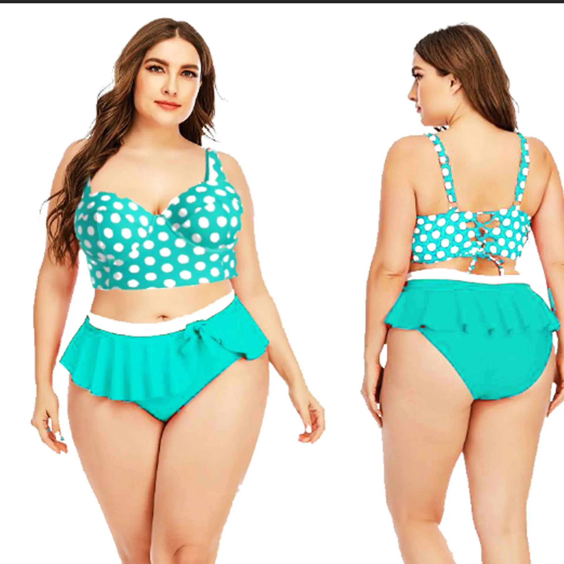 Plus size women's two-piece push up bikini set in red dot retro wave pattern