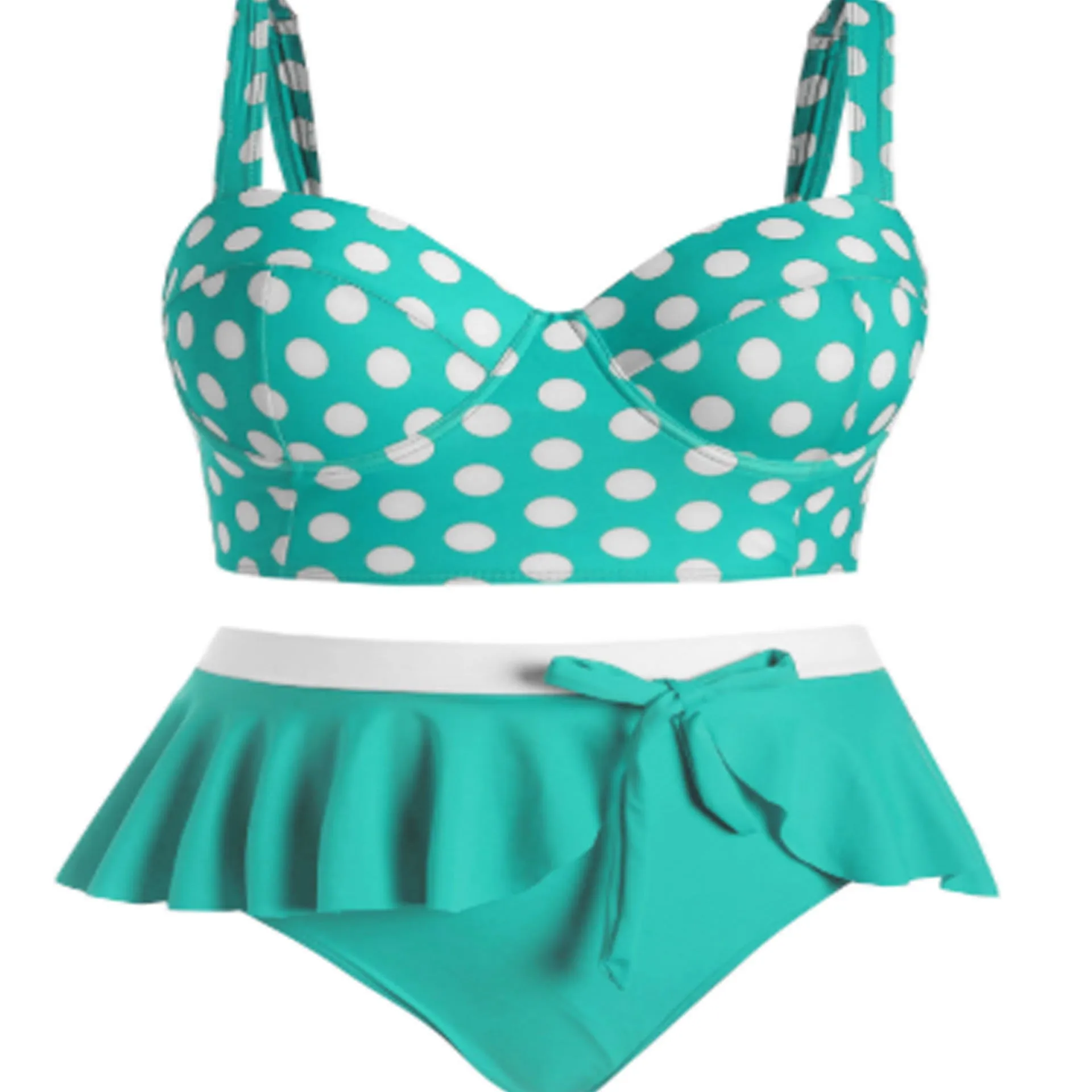 Plus size women's two-piece push up bikini set in red dot retro wave pattern