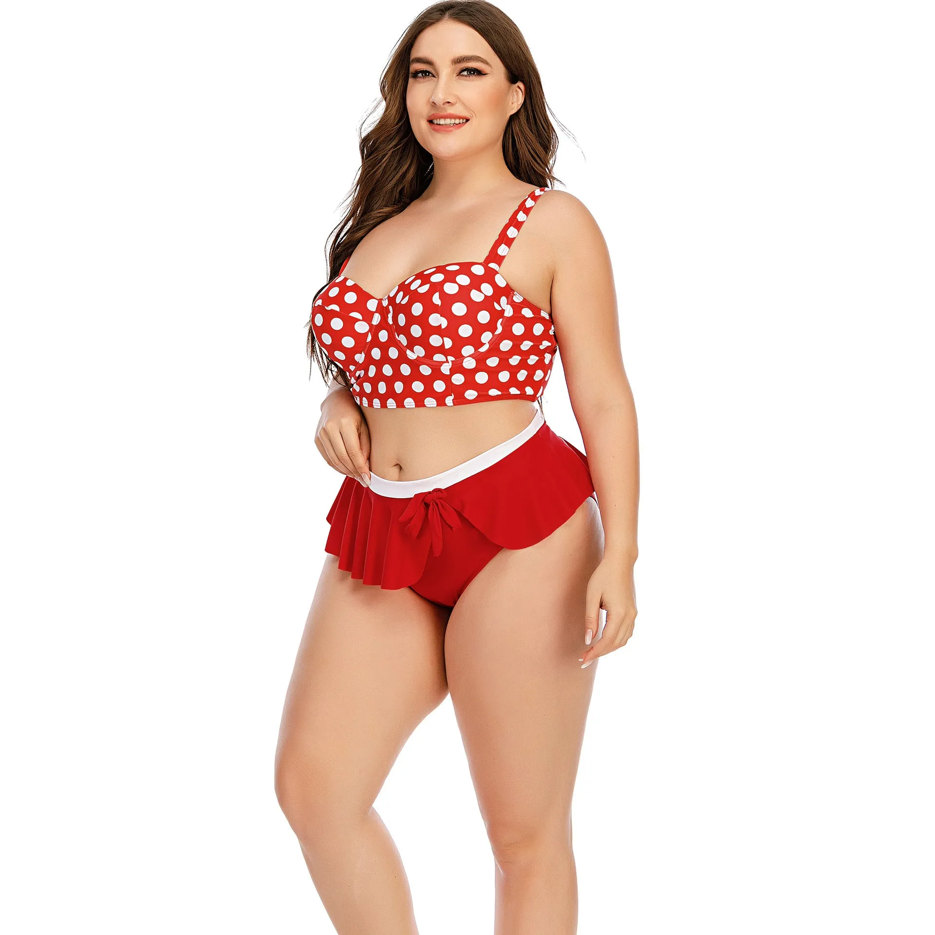 Plus size women's two-piece push up bikini set in red dot retro wave pattern