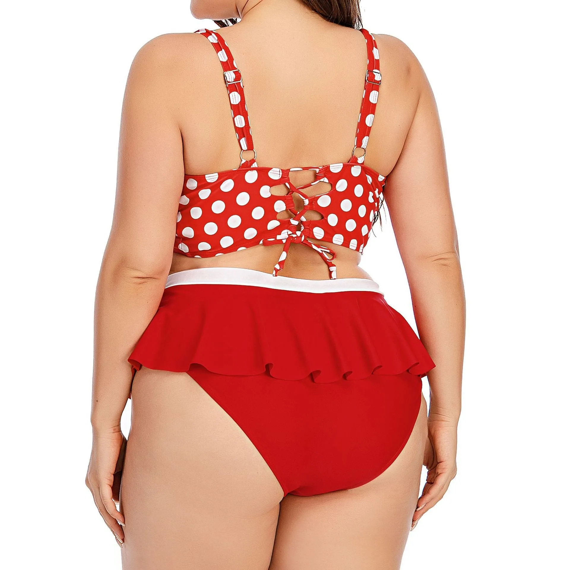 Plus size women's two-piece push up bikini set in red dot retro wave pattern