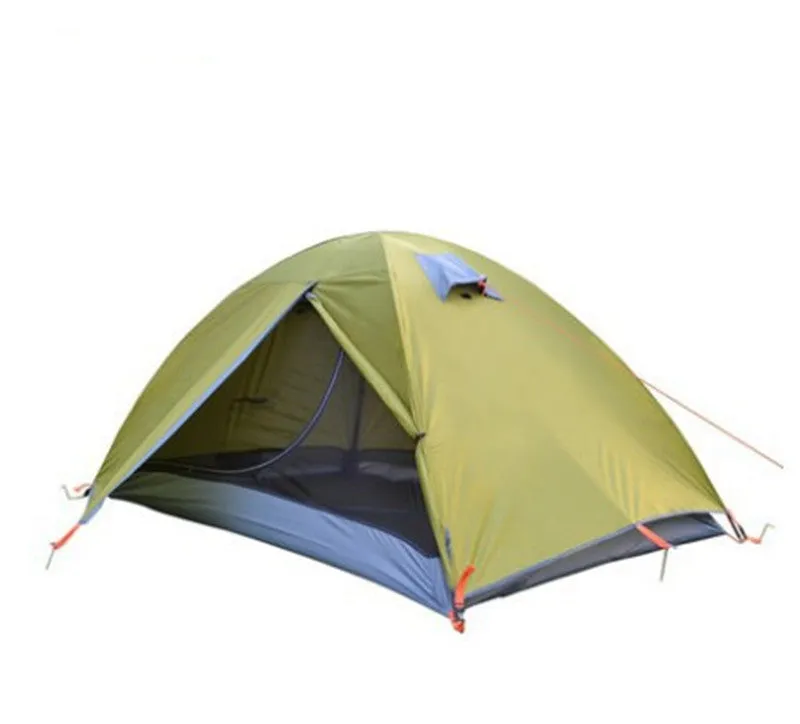 Outdoor camping double sun protection tent for 2 people in green with 210T polyester fabric and glass poles