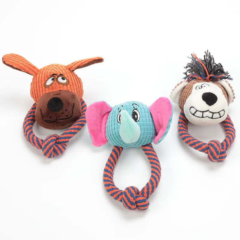 Dog cotton rope toy with sound feature in plush material, styled as a dog, elephant, or monkey