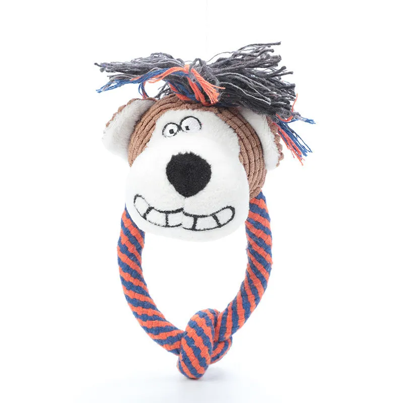 Dog cotton rope toy with sound feature in plush material, styled as a dog, elephant, or monkey