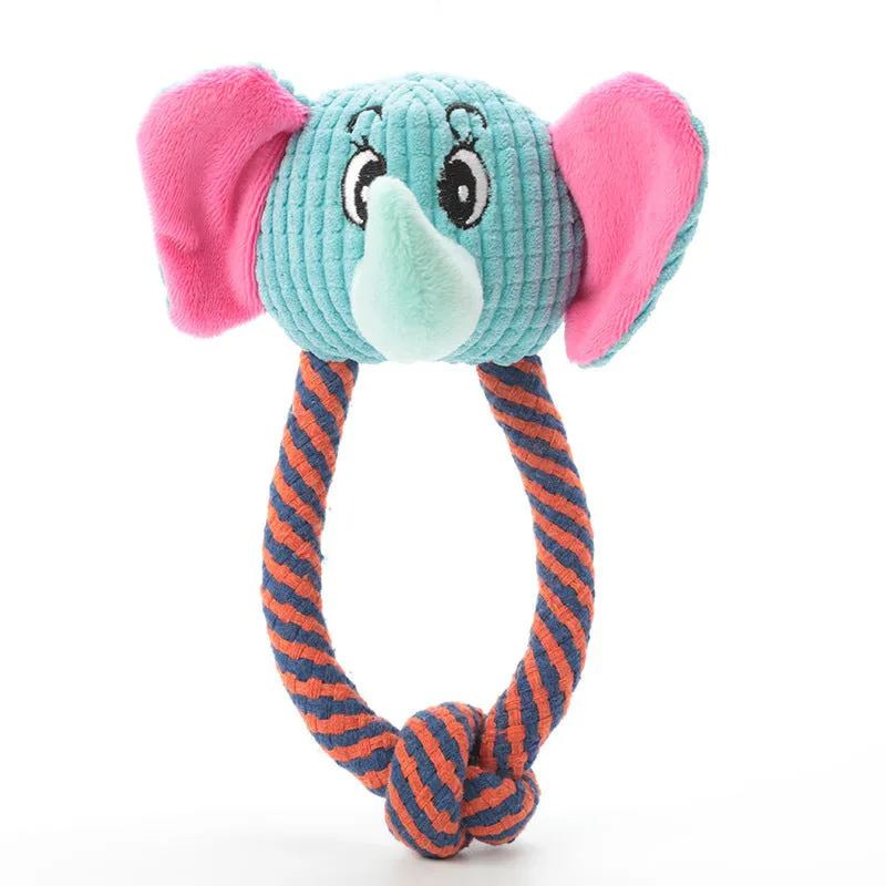 Dog cotton rope toy with sound feature in plush material, styled as a dog, elephant, or monkey