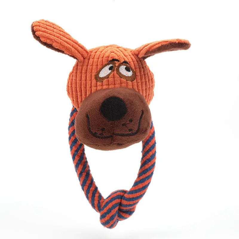 Dog cotton rope toy with sound feature in plush material, styled as a dog, elephant, or monkey
