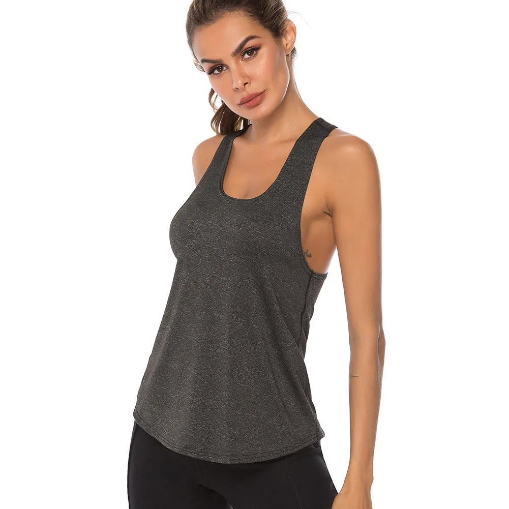 Women's athletic vest in slate blue with racerback design and O-neck collar