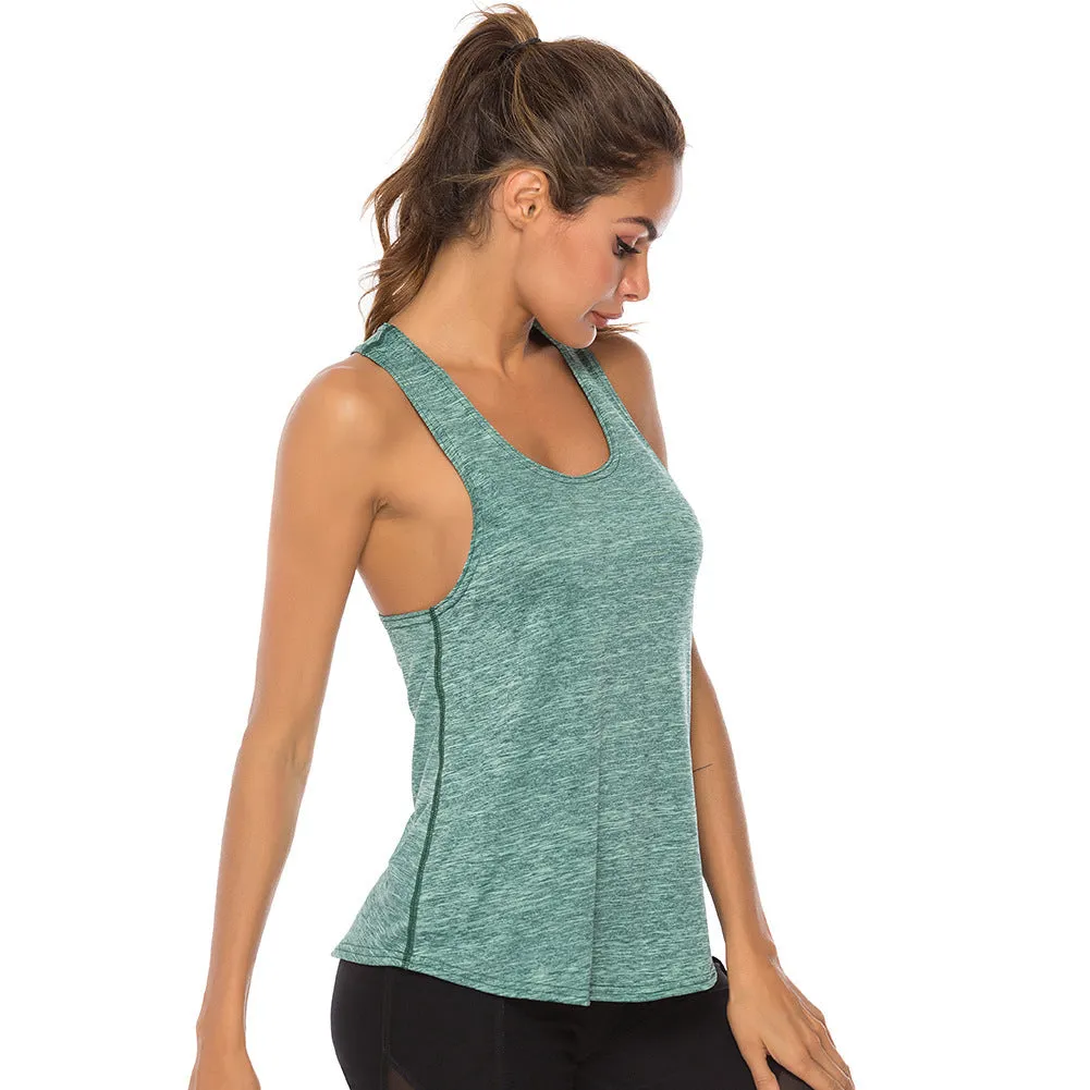 Women's athletic vest in slate blue with racerback design and O-neck collar