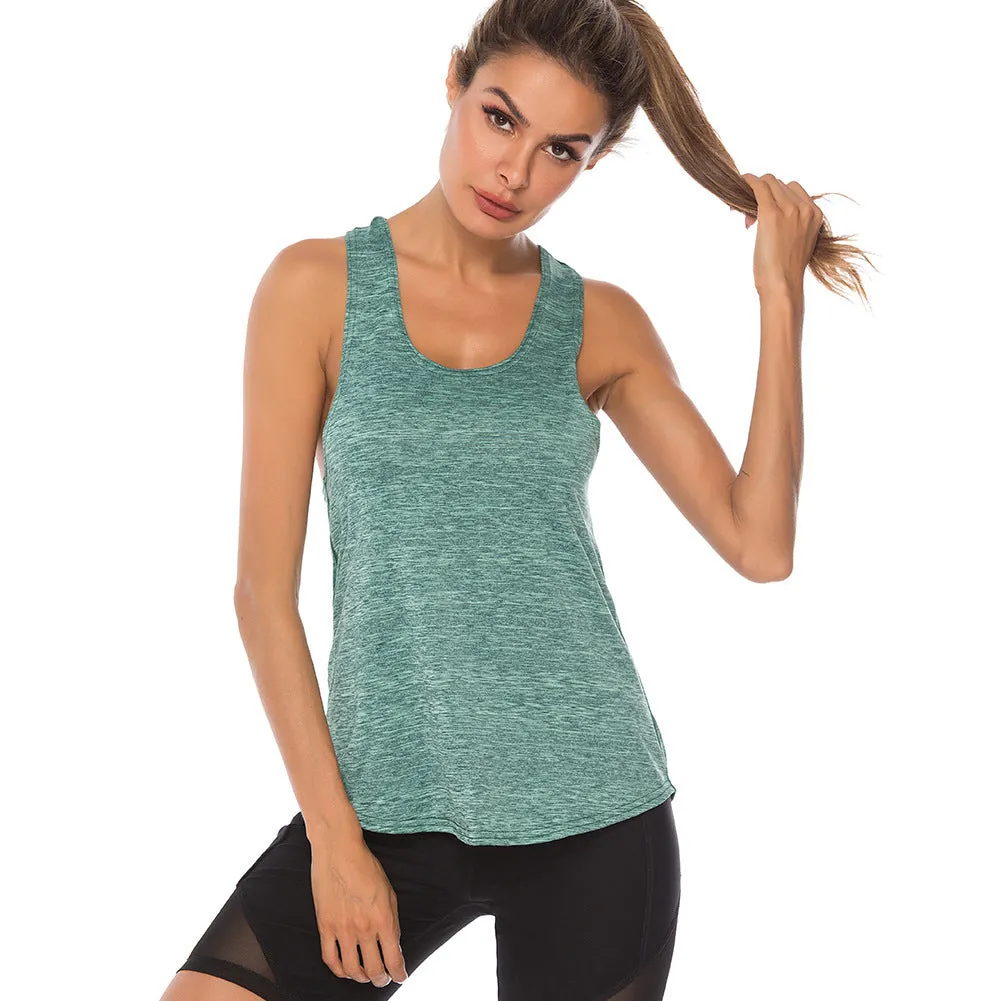 Women's athletic vest in slate blue with racerback design and O-neck collar